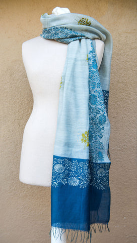 Floral border on blue and grey  – hand-woven and hand-embroidered scarf