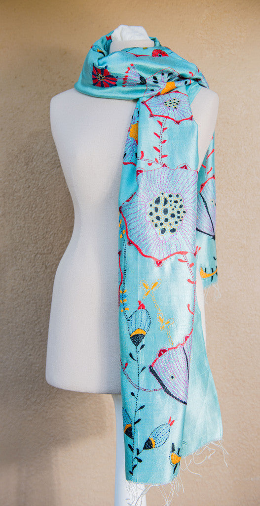 Whimsical abstract floral – hand-woven and hand-embroidered scarf