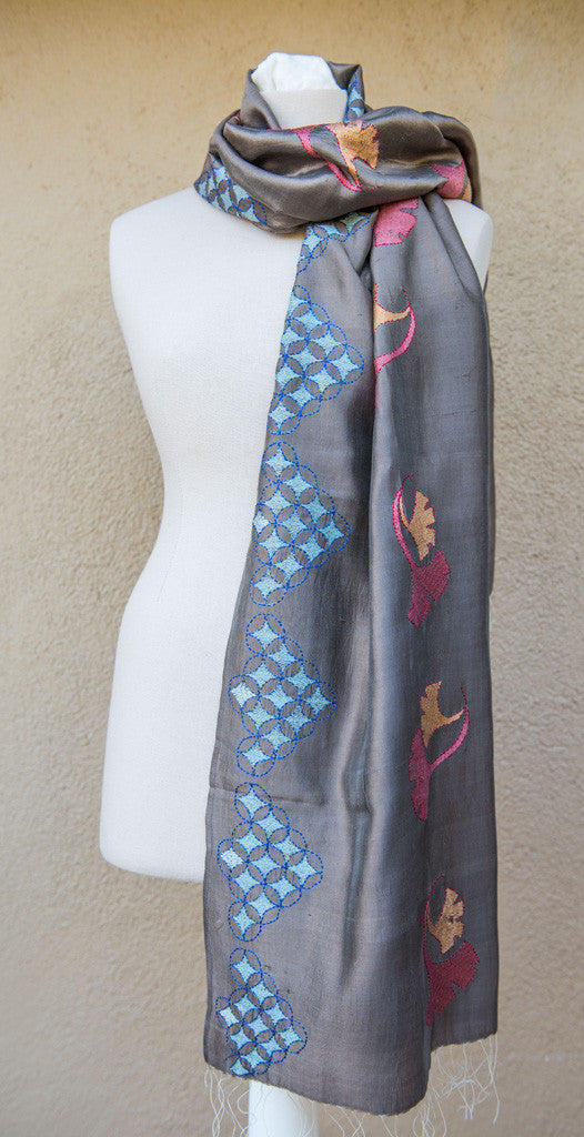 Ginkgo leaf geometric – hand-woven and hand-embroidered scarf