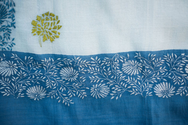 Floral border on blue and grey  – hand-woven and hand-embroidered scarf