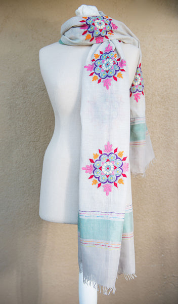 Floral Rangoli – hand-woven and hand-embroidered scarf