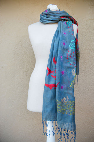 Koi fish and coral – hand-woven and hand-embroidered scarf