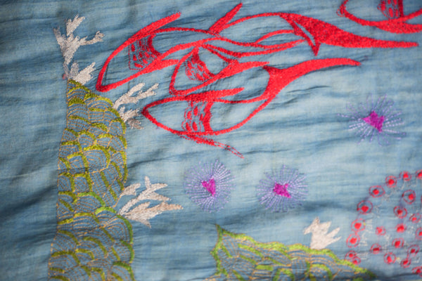 Koi fish and coral – hand-woven and hand-embroidered scarf