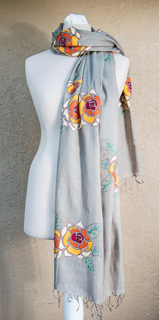 Orange and yellow roses – hand-woven and hand-embroidered scarf