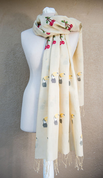 Toucans and cherries – hand-woven and hand-embroidered scarf