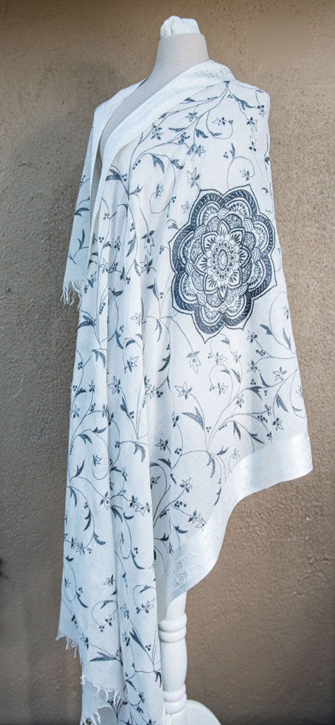White Rangoli – hand-woven and hand-embroidered scarf