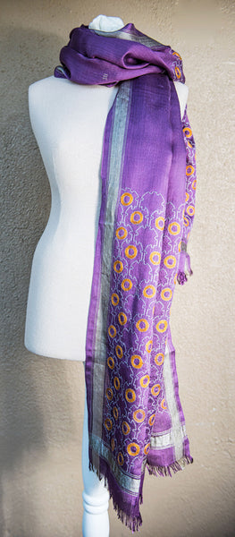 Purple silk geometric – hand-woven and hand-embroidered scarf