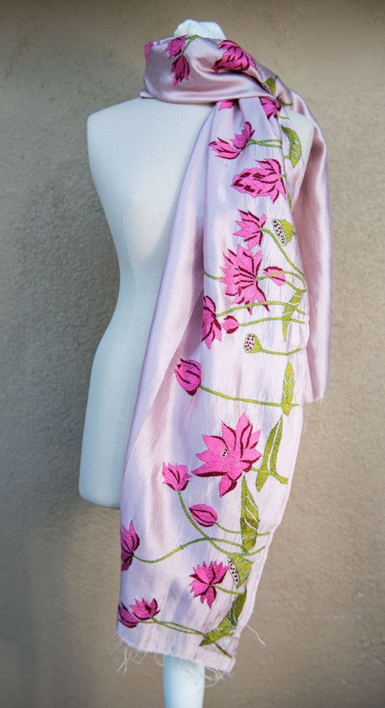 Pink Lotus – hand-woven and hand-embroidered scarf