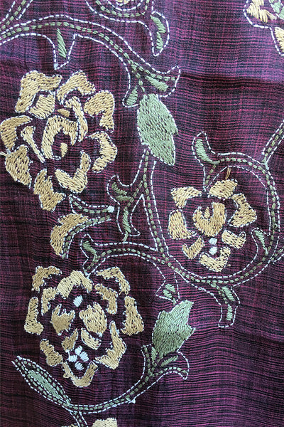 Roses on eggplant silk - hand-woven hand-embroidered scarf