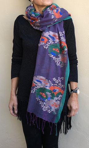 Japanese garden - hand-woven hand-embroidered scarf